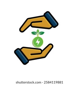 sustainable icon. green energy vector in hand. tree and lightning symbol. reuse, recycle, net zero, green energy, eco friendly concept. Simple 3D design style