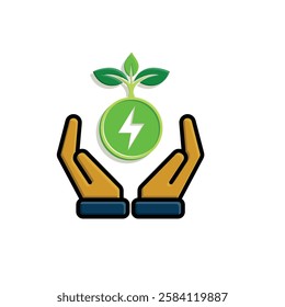 sustainable icon. green energy vector in hand. tree and lightning symbol. reuse, recycle, net zero, green energy, eco friendly concept. Simple 3D design style