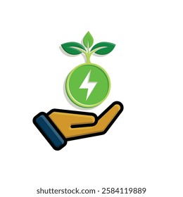 sustainable icon. green energy vector in hand. tree and lightning symbol. reuse, recycle, net zero, green energy, eco friendly concept. Simple 3D design style