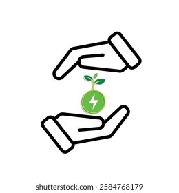 sustainable icon. green energy vector in hand. tree and lightning symbol. reuse, recycle, net zero, green energy, eco friendly concept. Mixed design style