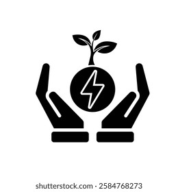 sustainable icon. green energy vector in hand. tree and lightning symbol. reuse, recycle, net zero, green energy, eco friendly concept. Line design style