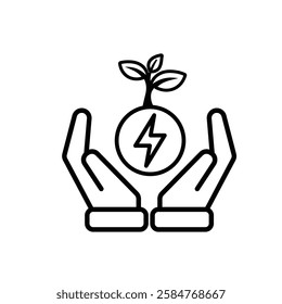 sustainable icon. green energy vector in hand. tree and lightning symbol. reuse, recycle, net zero, green energy, eco friendly concept. Line design style