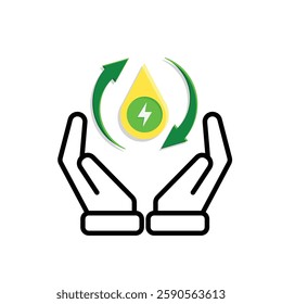 sustainable icon. green energy vector in hand. lightning symbol. reuse, recycle, net zero, green energy, eco friendly concept. Mixed design style
