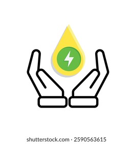 sustainable icon. green energy vector in hand. lightning symbol. reuse, recycle, net zero, green energy, eco friendly concept. Mixed design style