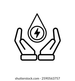 sustainable icon. green energy vector in hand. lightning symbol. reuse, recycle, net zero, green energy, eco friendly concept. Line design style