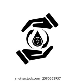 sustainable icon. green energy vector in hand. lightning symbol. reuse, recycle, net zero, green energy, eco friendly concept. Solid design style