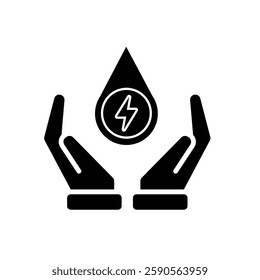 sustainable icon. green energy vector in hand. lightning symbol. reuse, recycle, net zero, green energy, eco friendly concept. Solid design style