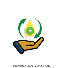 sustainable icon. green energy vector in hand. lightning symbol. reuse, recycle, net zero, green energy, eco friendly concept. Simple 3D design style