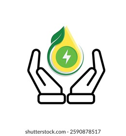 sustainable icon. green energy vector in hand. lightning symbol. reuse, recycle, net zero, green energy, eco friendly concept. Mixed design style