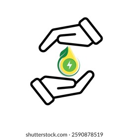 sustainable icon. green energy vector in hand. lightning symbol. reuse, recycle, net zero, green energy, eco friendly concept. Mixed design style
