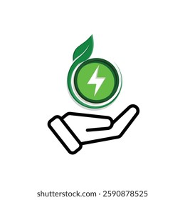 sustainable icon. green energy vector in hand. lightning symbol. reuse, recycle, net zero, green energy, eco friendly concept. Mixed design style