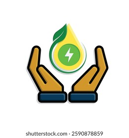 sustainable icon. green energy vector in hand. lightning symbol. reuse, recycle, net zero, green energy, eco friendly concept. Simple 3D design style