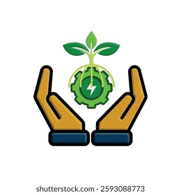 sustainable icon. green energy vector in hand. lightning symbol. reuse, recycle, net zero, green energy, eco friendly concept. Simple 3D design style