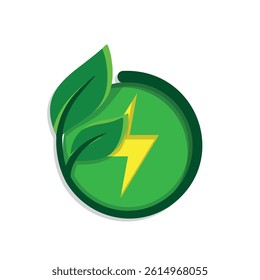 sustainable icon. green energy vector. plant and lightning symbol. reuse, recycle, net zero, green energy, eco friendly concept. Simple 3D design style