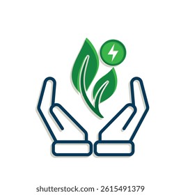 sustainable icon. green energy vector. plant and lightning symbol in hand. reuse, recycle, net zero, green energy, eco-friendly concept. Mixed design style