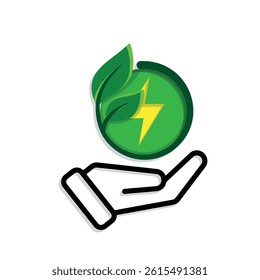 sustainable icon. green energy vector. plant and lightning symbol in hand. reuse, recycle, net zero, green energy, eco-friendly concept. Mixed design style
