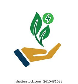 sustainable icon. green energy vector. plant and lightning symbol in hand. reuse, recycle, net zero, green energy, eco-friendly concept. Solid design style