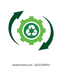 sustainable icon. recycling vector. reuse symbol with gears and circular arrows. settings, recycling, zero emissions, web. Solid style design