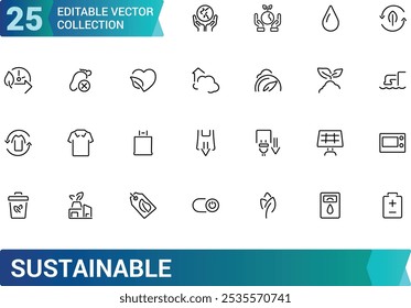 Sustainable Icon Set. Containing eco, environment, recycling, renewable, green energy, and more. Minimal and modern line vector icons.