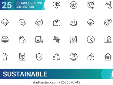 Sustainable Icon Set. Containing eco, environment, recycling, renewable, green energy, and more. Minimal and modern line vector icons.