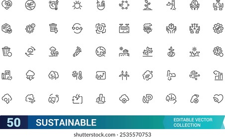 Conjunto de Ícones Sustentáveis. Contendo eco, meio ambiente, reciclagem, energia renovável, verde e muito mais. Ícones de vetor de linha mínimos e modernos.