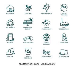 sustainable icon set. environment, eco friendly technology, renewable and alternative energy symbols. isolated vector images