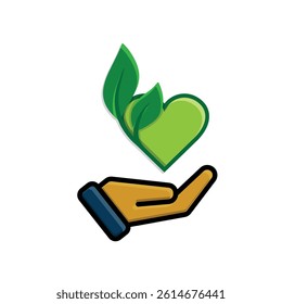 sustainable icon. vector heart and plant in hand. reuse, recycle, net zero, green energy, eco-friendly concept. 3d simple design style