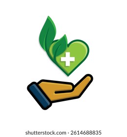 sustainable icon. vector heart and plant in hand. reuse, recycle, net zero, green energy, eco-friendly concept. 3d simple design style