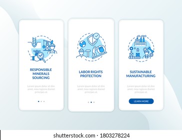 Sustainable industrial development onboarding mobile app page screen with concepts. Safe heavy production walkthrough 3 steps graphic instructions. UI vector template with RGB color illustrations