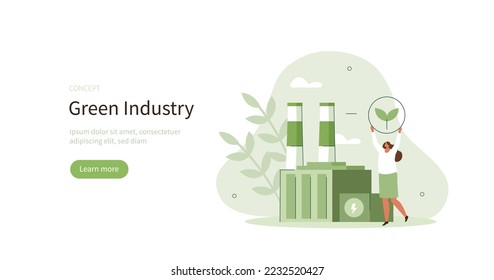 Sustainable industry. Character standing near green industrial factory with clean renewable energy. Climate change concept. Vector illustration.