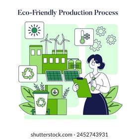 Sustainable industry concept. Woman with clipboard oversees an eco-friendly production process integrating green energy and recycling. Vector illustration.