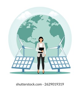 Sustainable industry with windmills and solar energy panels. A businesswoman standing near solar panels, wind turbines, and an Earth map, symbolizing sustainability.
