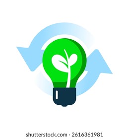 Sustainable Innovation flat Illustration. Light bulb with green sprout and circular arrow symbolizing eco friendly ideas, renewable energy, and continuous development. for environmental campaigns