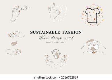 sustainable innovative slow eco fashion icons. responsible conscious consumerism and manufacturing infographic symbols. hand made, recycled, clothing. care for fiber planet water raw material textile