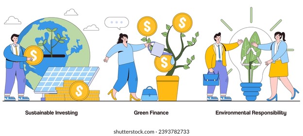 Sustainable investing, green finance, environmental responsibility concept with character. ESG Investments abstract vector illustration set. Sustainable finance, ethical investing, green portfolio.