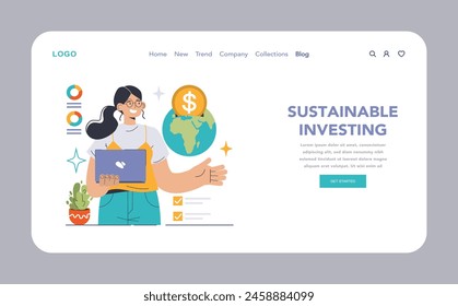 Sustainable Investing web or landing. Eager financial expert with laptop advocates eco-conscious ventures. Earth's profitability, green portfolio. Fusing economy with ecology. Flat vector illustration