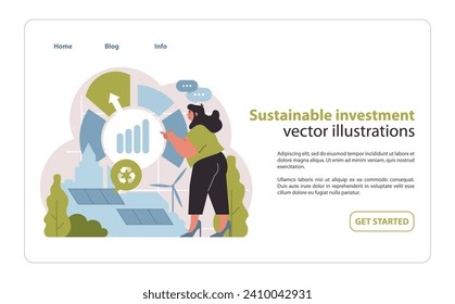 Sustainable investment dynamics. Green growth through renewable energy and recycling. Financing a sustainable future. Flat vector illustration.