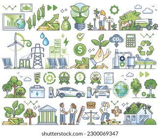 Sustainable investment elements and green ESG ecology outline collection. Social responsible business strategy, recyclable resources and renewable power consumption items group vector illustration.