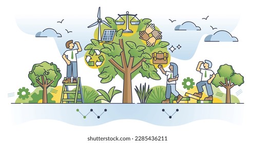 Concepto del esquema de la estrategia ambiental en materia de inversión sostenible y de ESG. Energía ecológica y respetuosa con la naturaleza para la ilustración de vectores de bienestar comunitario. Fuentes de energía alternativas financiadas para la ecología futura