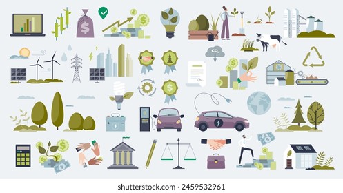 Sustainable investment or green business objects in tiny person collection set. Elements with environmental continuous manufacturing, ecological ESG practices for financial profit vector illustration