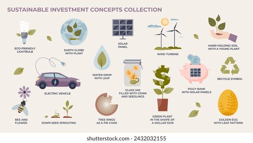 Sustainable investment and green energy business tiny person collection set. Labeled elements with alternative power sources, effective electricity usage and environmental profit vector illustration.