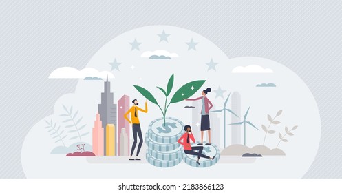 Sustainable investment and nature friendly business tiny person concept. Financial growth in future with ecological and environmental power consumption vector illustration. Green economy thinking.