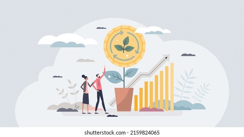 Sustainable Investment And Nature Friendly Economy Tiny Person Concept. Successful Business Growth From Environmental Stock Rise Vector Illustration. Green Eco Climate Strategy For Earnings Progress.