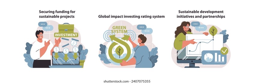 Nachhaltiger Investitionsprozess Finanzierung, Folgenabschätzung und Partnerschaft für Öko-Projekte. Gewinnorientierung an der Gesundheit des Planeten. Flache Vektorgrafik.