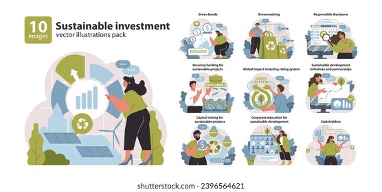 Un conjunto de inversiones sustentable. Las finanzas se topan con la ecología para el mejoramiento global. Proyectos ecológicos seguros, asignación de fondos éticos. Ilustración vectorial plana.