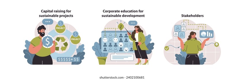 Sustainable investment strategies. Capital sourcing, corporate learning, stakeholder engagement. Green economy driving forces. Flat vector illustration.