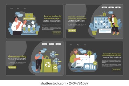 Sustainable investment toolkit. Strategies for eco-funding, educational outreach, and partnership dynamics. Green finance in focus. Flat vector illustration.