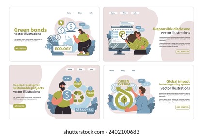 Sustainable investment web elements. Eco-financing, transparent corporate practices, and global impact assessment. Investment with a conscience. Flat vector illustration.