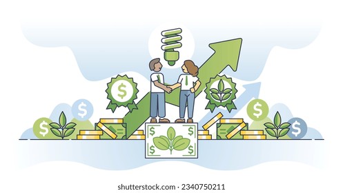 Concepto de esquema de inversiones sostenibles y gestión de acuerdos ecológicos. Empresa responsable y respetuosa con la naturaleza con ilustración de vector de negocio ambiental. Acuerdo financiero y crecimiento.