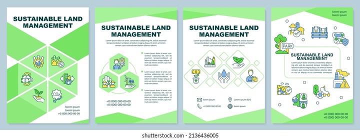 Sustainable land management brochure template. Eco-friendly approach. Leaflet design with linear icons. 4 vector layouts for presentation, annual reports. Arial-Black, Myriad Pro-Regular fonts used